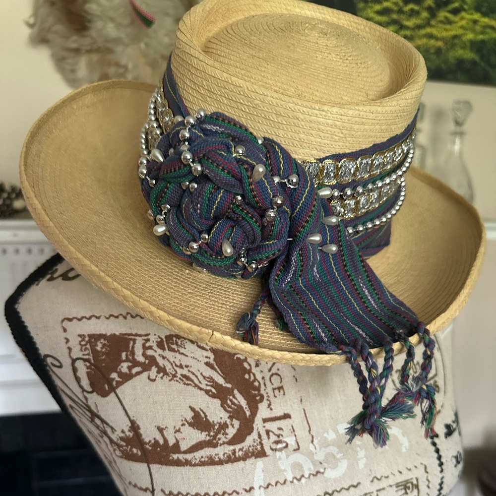 Vintage La Giralda Guatemalan Palm Leaf Hat Beaded Maya Folk Festival Boho Style - Picture 8 of 14